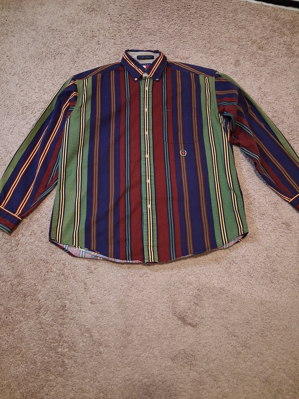 Vintage 90s Tommy Hilfiger Striped Button-Down Shirt in Navy, Green, Red